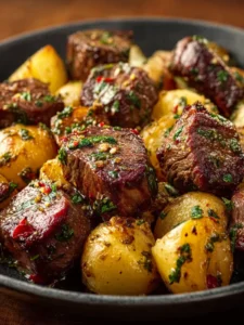 garlic steak bites and potatoes First Image